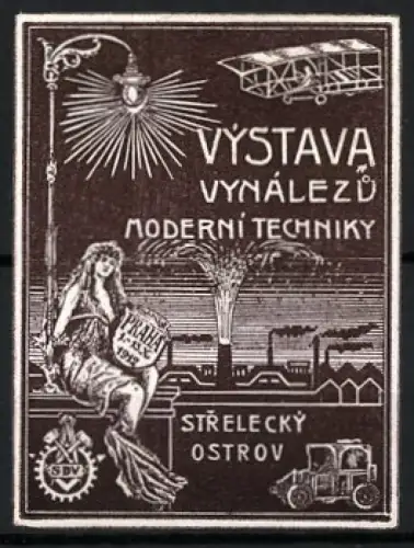 Reklamemarke Prag, Výstava Vynálezu 1912, Doppeldecker Flugzeug, Auto und Strassenlaterne