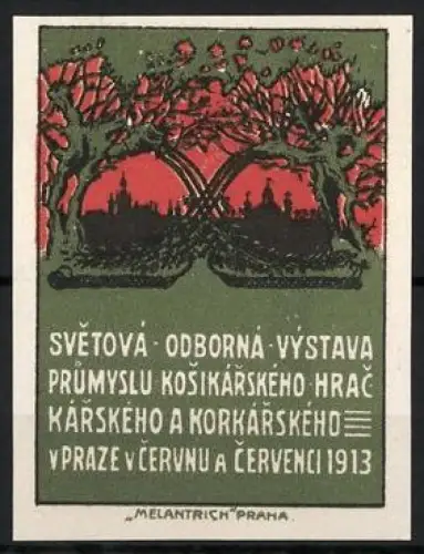 Reklamemarke Prag, Svetová Odborná Výstava Prumyslu 1913, Bäume mit Stadtansicht
