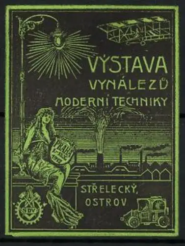 Reklamemarke Prag, Výstava Vynálezu Moderní Techniky 1912, Frau mit Schild und Flugzeug