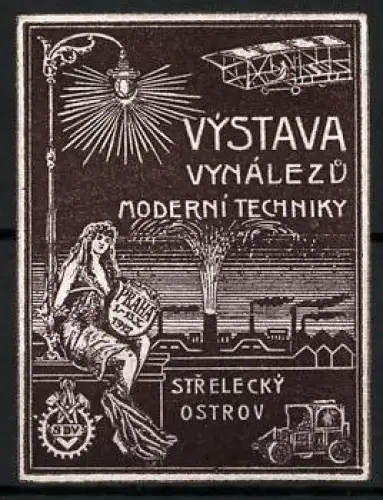Reklamemarke Prag, Výstava Vynálezu Moderní Techniky 1912, Flugzeug und Frau mit Schild