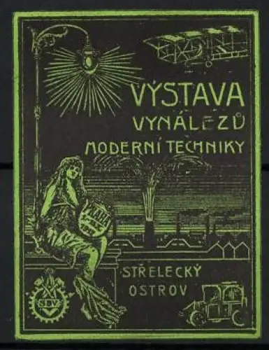 Reklamemarke Prag, Výstava Vynálezu Moderní Techniky 1912, Auto und Doppeldecker Flugzeug, Grün