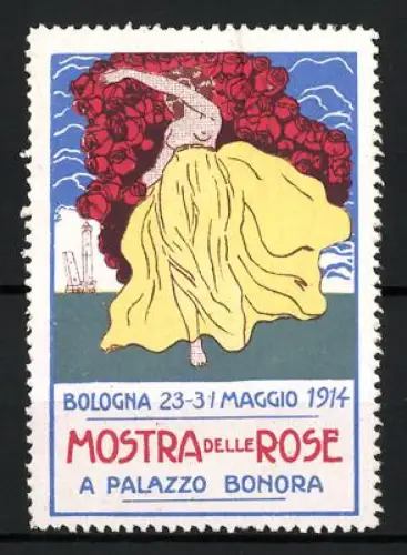 Reklamemarke Bologna, Mostra delle Rose 1914, halb nackte tanzende Frau mit Rosenhintergrund