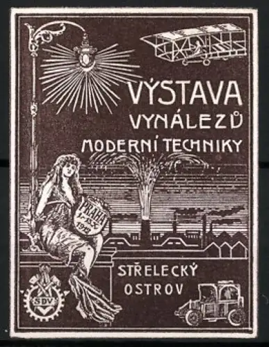 Reklamemarke Prag, Výstava Vynálezu Moderní Techniky 1912, Flugzeug und Fabriken