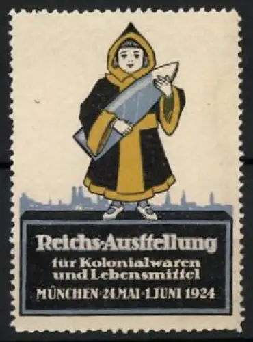 Reklamemarke München, Reichs-Ausstellung für Kolonialwaren und Lebensmittel 1924, Münchner Kindl vor der Stadt