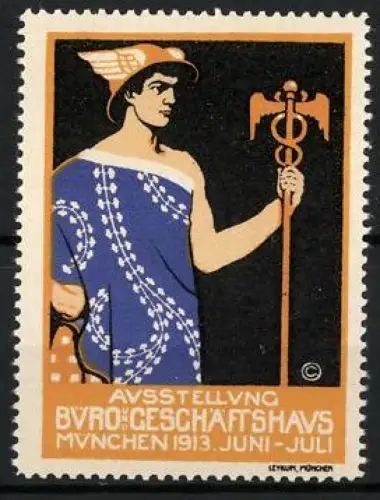 Reklamemarke München, Ausstellung Büro & Geschäftshaus 1913, Merkur mit Flügelhelm