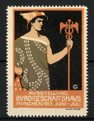 Reklamemarke München, Ausstellung Büro-Geschäftshauses 1913, Hermes mit Stab