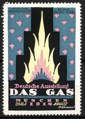 Künstler-Reklamemarke M. Schwarzer, München, Deutsche Ausstellung Das Gas 1914, Flamme auf blauem Hintergrund