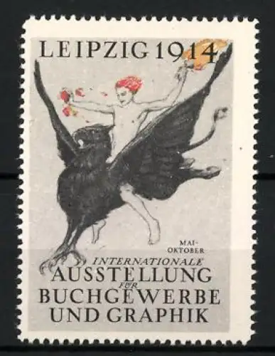 Reklamemarke Leipzig, Internationale Ausstellung für Buchgewerbe und Graphik 1914, Greif mit Männerakt
