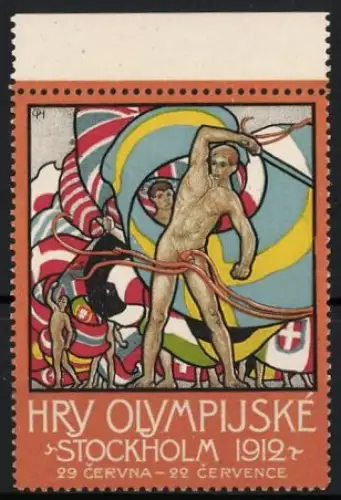 Reklamemarke Stockholm, Hry Olympijské 1912, nackter Sportler mit Flaggen, Olympia, Olympiade