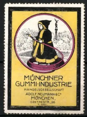 Reklamemarke München, Adolf Neumann & Co., Münchner Gummi-Industrie, Münchner Kindl mit Gartenschlauch
