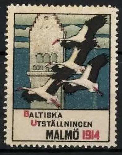 Reklamemarke Malmö, Baltiska Utställningen 1914, fliegende Störche