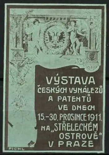 Künstler-Reklamemarke Pichl, Prag, Výstava Ceských Vynálezu a Patentu 1911, Wappen mit Adler