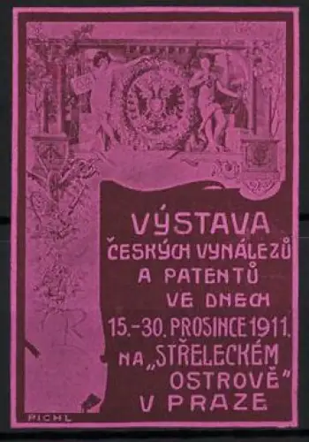 Künstler-Reklamemarke Pichl, Prag, Výstava Ceských Vynálezu a Patentu 1911, Wappen mit Figuren, Rosa