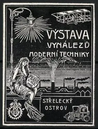 Reklamemarke Prag, Výstava Vynálezu Moderní Techniky 1912, Strassenlaterne, Flugzeug, Auto
