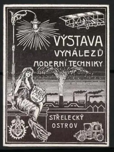Reklamemarke Prag, Výstava Vynálezu Moderní Techniky 1912, Flugzeug und Fabrik