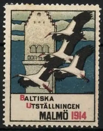 Reklamemarke Malmö, Baltiska Utställningen 1914, Störche vor einem Turm