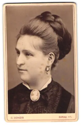 Fotografie C. Domzig, Sorau /N. L., Bahnhof-Str. 383, Porträt einer Frau mit kunstvoll geflochtenem Haar