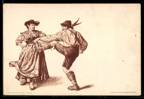 AK Paar in Tracht beim Volkstanz