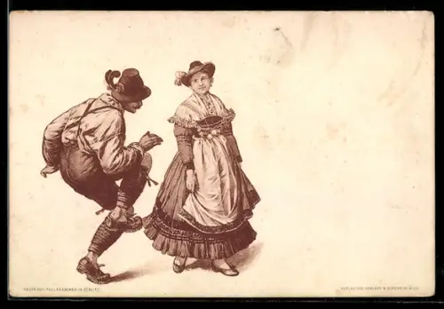 AK Schuhplattler und Dame in Tracht