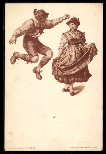 AK bayerisches Paar in Tracht bei Volkstanz