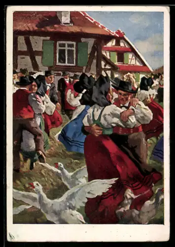 AK Menschen in elsass-lothringischen Trachten tanzen auf einem Volksfest