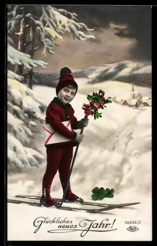 AK Kleiner Skiläufer mit Blumen, Brief und Glücksklee im Schnee, Neujahrsgruss