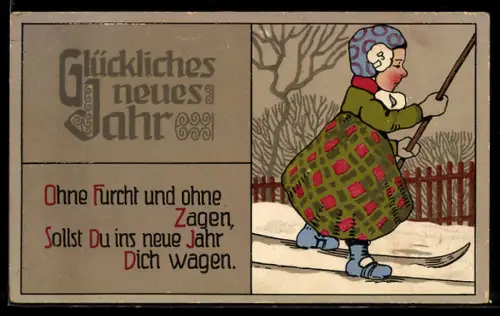 AK Kleine Skiläuferin im bunten Mantel, Neujahrsgruss