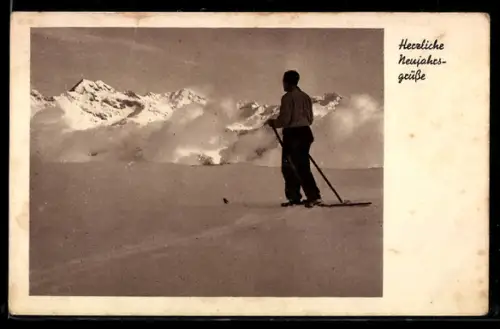 AK Skiläufer im Hochgebirge, Neujahrsgruss