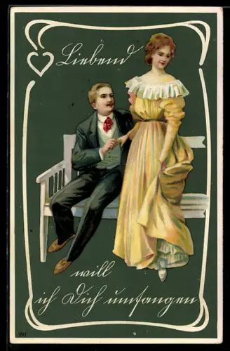 AK Liebend will ich dich einfangen, Liebespaar auf Bank sitzend