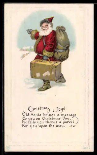 AK Weihnachtsmann mit Reisegepäck auf einer verschneiten Strasse