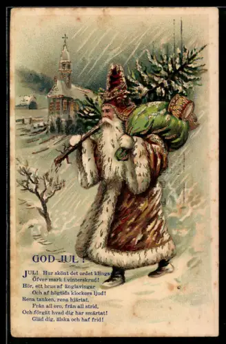 AK Weihnachtsmann, im festlichen Mantel mit Geschenken und einem Baum auf der Schulter