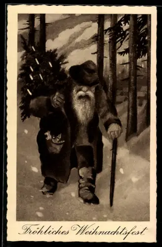 AK Weihnachtsmann mit Christbaum auf dem Rücken läuft durch einen verschneiten Wald