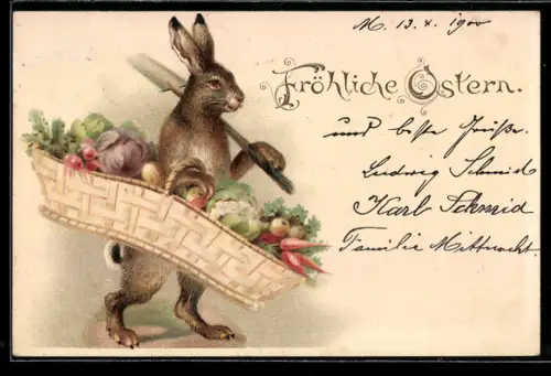 AK Osterhase trägt einen Korb Gemüse mit sich