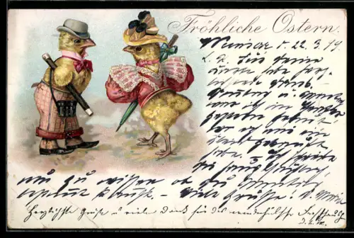 AK Osterküken in eleganter Kleidung treffen sich