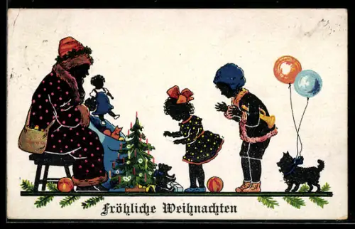 AK Ältere Dame beschenkt Kinder an einem kleinen Weihnachtsbaum, Weihnachtsgruss