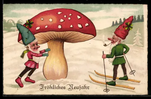 AK Zwerge auf Skien neben einem Fliegenpilz, Neujahrsgruss