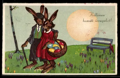 AK Fröhliche Ostern, Verliebtes Osterhasen-Paar