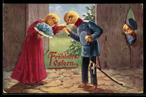 AK Osterküken in Soldatenuniform mit Säbel beschenkt eine Dame mit einem Strauss Vergissmeinnicht