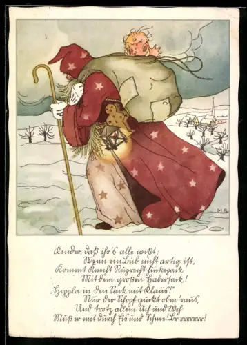 AK Weihnachtsmann mit einem schreienden Kind im Sack
