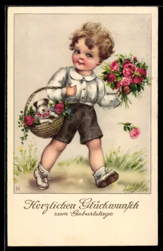 AK Junge bringt Blumenstrauss und Welpen zum Geburtstag