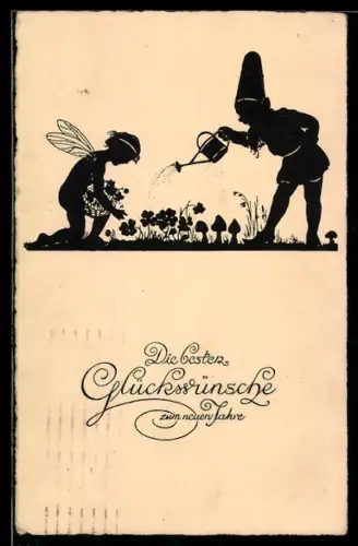 AK Zwerg und Elfe kümmern sich um ihren Garten, Neujahr