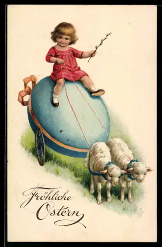 AK Kleinkind reitet auf einem Osterei gezogen von zwei Lämmern