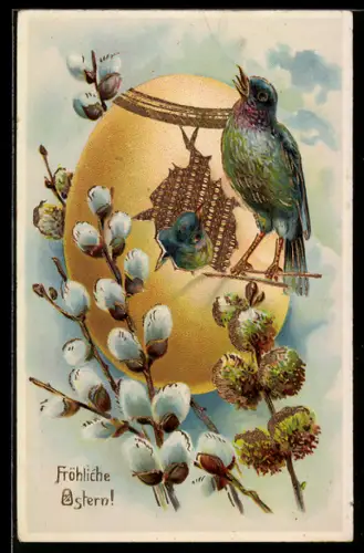 AK Vögel bei ihrem Nest in einem Osterei, Fröhliche Ostern