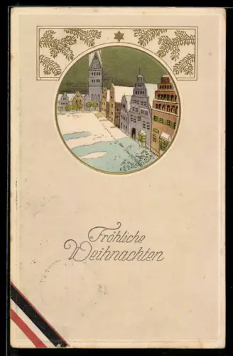 AK Verschneiter Ort mit Tannenzweigen und Stern, Weihnachten