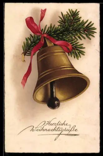 AK Glocke mit roter Schleife und Tannenzweig, Weihnachten