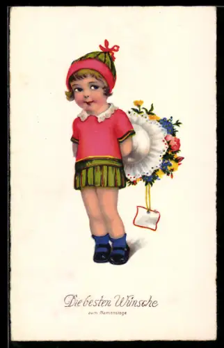 AK Kleinkind mit Blumenstrauss zum Namenstag