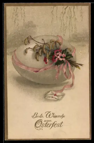 AK Osterei mit rosaner Schleife, Ostern