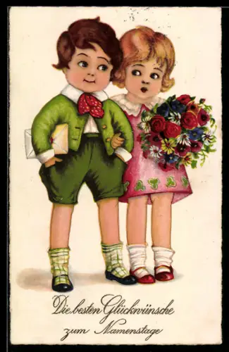 AK Zwei kleine Kinder bringen Blumen zum Namenstag