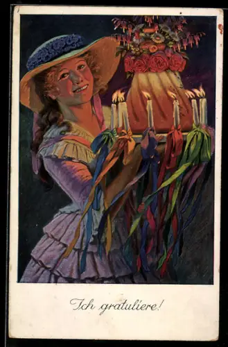 AK Junge Frau bringt Kerzen und Blumen zum Geburtstag