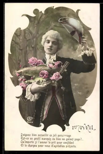 AK Mann mit Rosen und Fisch zum 1. April